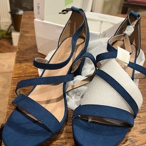 Womens size 10 blue sandals with a chunky heel.  Never worn original packaging